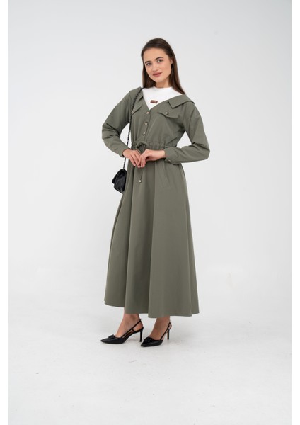 Düğmeli Bel Bağcıklı Trençkot Detaylı Elbise K1746
