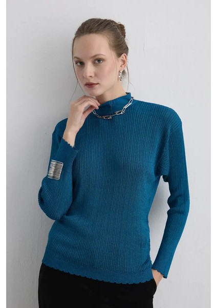 Yakası Düğmeli Rayon Triko Bluz - Mavi fiyatları