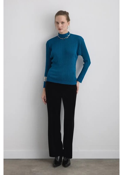 Yakası Düğmeli Rayon Triko Bluz - Mavi modelleri