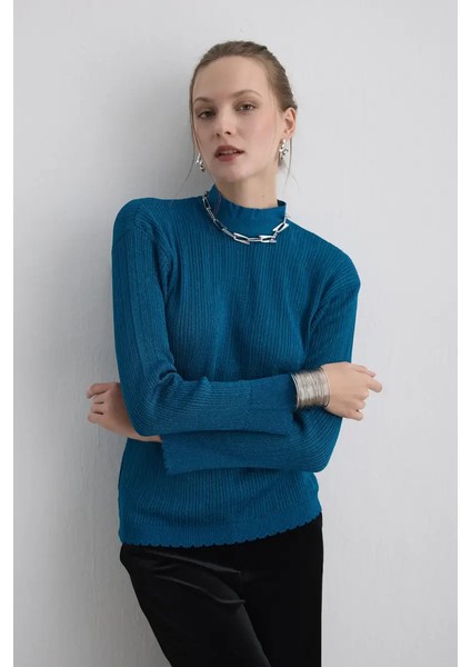 Yakası Düğmeli Rayon Triko Bluz - Mavi fırsatları