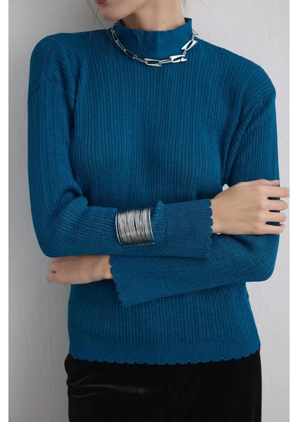 Yakası Düğmeli Rayon Triko Bluz - Mavi indirimleri