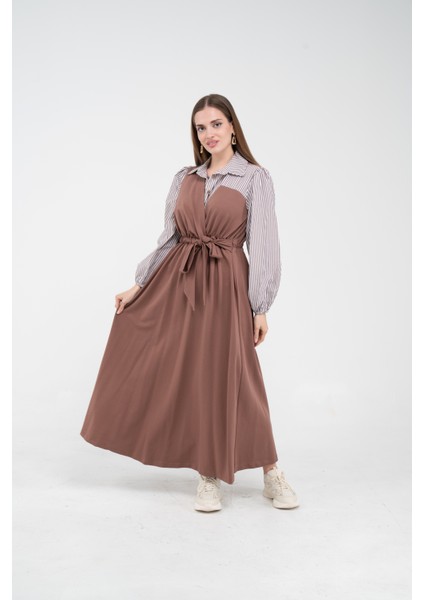 Çizgili Gömlek Detaylı Kuşaklı Elbise Takım K8059