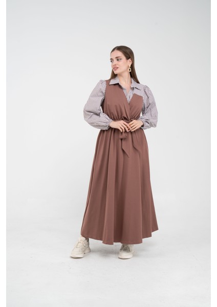 Çizgili Gömlek Detaylı Kuşaklı Elbise Takım K8059 fiyatları