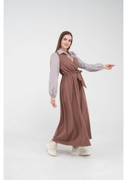 Çizgili Gömlek Detaylı Kuşaklı Elbise Takım K8059 modelleri