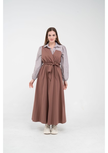 Çizgili Gömlek Detaylı Kuşaklı Elbise Takım K8059 fırsatları