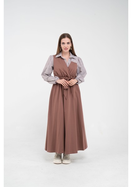 Çizgili Gömlek Detaylı Kuşaklı Elbise Takım K8059 indirimleri