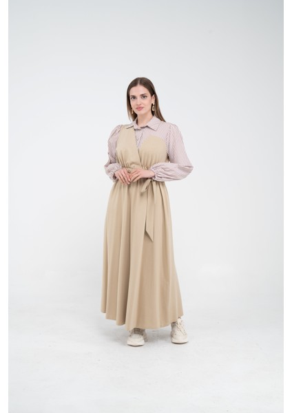 Çizgili Gömlek Detaylı Kuşaklı Elbise Takım K8059