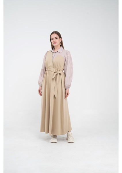 Çizgili Gömlek Detaylı Kuşaklı Elbise Takım K8059 modelleri