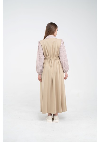 Çizgili Gömlek Detaylı Kuşaklı Elbise Takım K8059 fırsatları