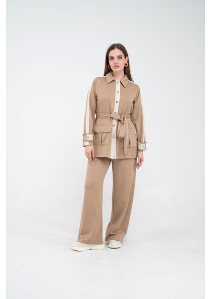 Şerit Detaylı Kuşaklı Geniş Paça Kadın Takım K1725