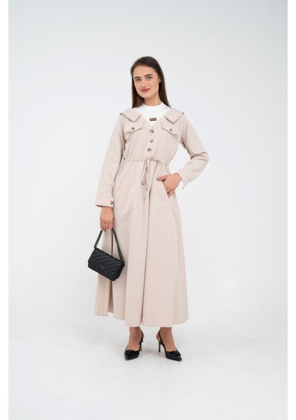 Düğmeli Bel Bağcıklı Trençkot Detaylı Elbise K1746