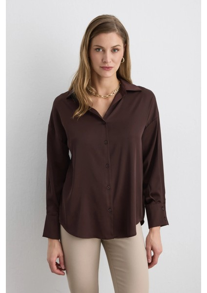 Rahat Kesim Saten Gömlek - Kahverengi
