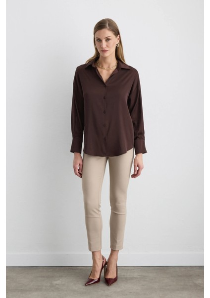 Rahat Kesim Saten Gömlek - Kahverengi fiyatları