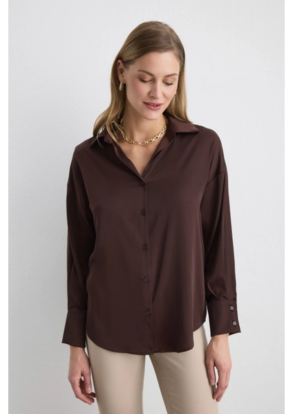 Rahat Kesim Saten Gömlek - Kahverengi modelleri