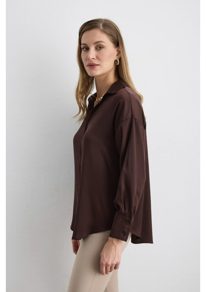 Rahat Kesim Saten Gömlek - Kahverengi fırsatları