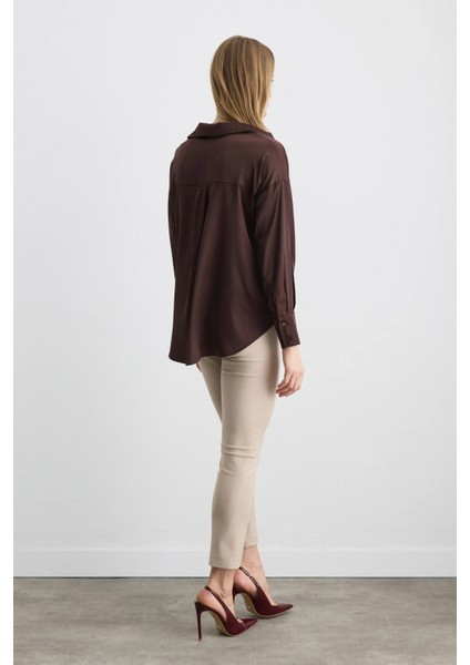 Rahat Kesim Saten Gömlek - Kahverengi indirimleri