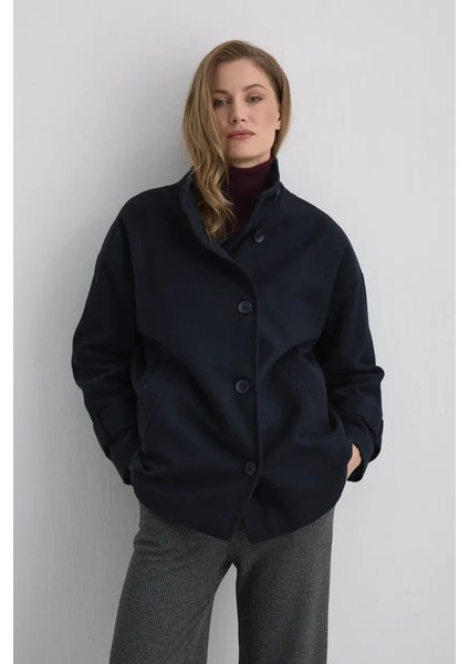 Dik Yakalı Yün Kaban - Lacivert
