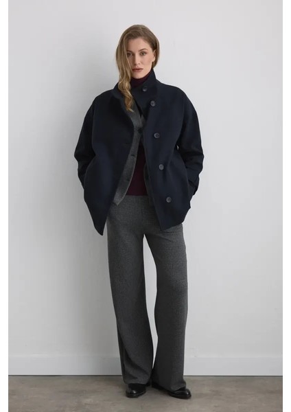 Dik Yakalı Yün Kaban - Lacivert fiyatları