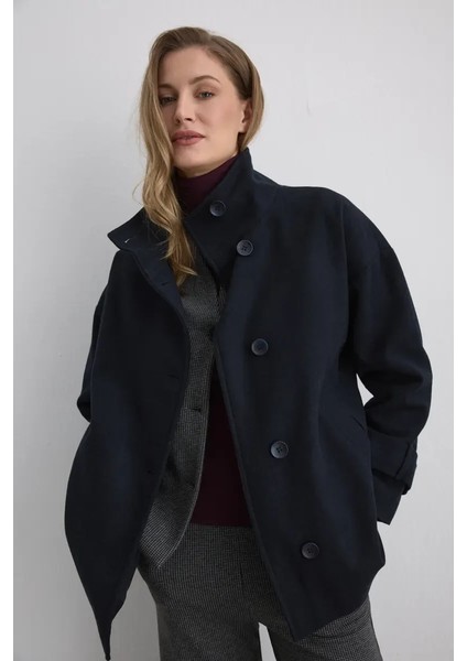 Dik Yakalı Yün Kaban - Lacivert modelleri