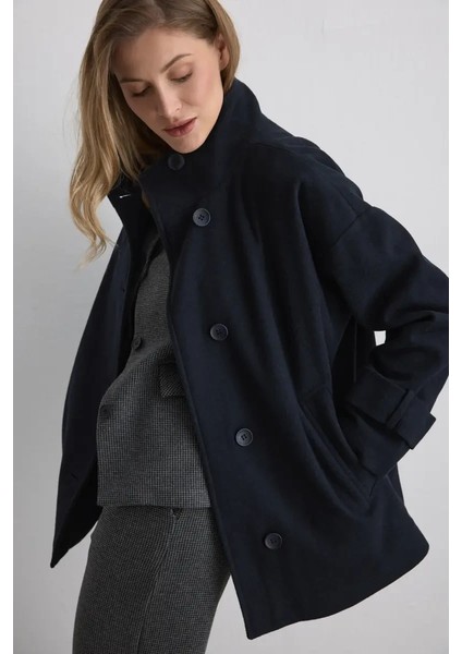 Dik Yakalı Yün Kaban - Lacivert indirimleri