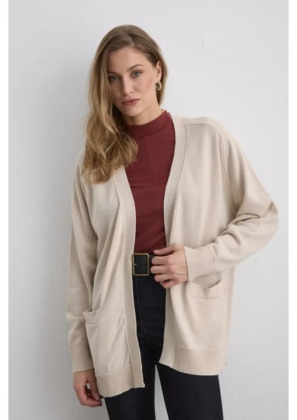 Rahat Kesim Yünlü Triko Hırka - Taş