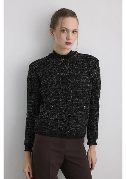 Simli Triko Şönil Hırka - Siyah