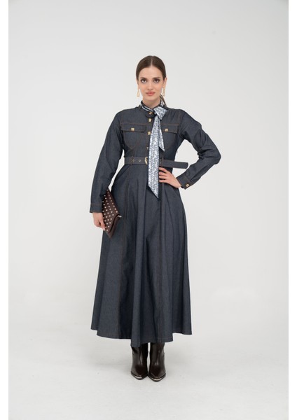 Kuşak Detaylı Denim Elbise K1733