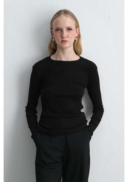 Uzun Kollu Basic Pamuk Tshirt - Siyah