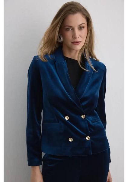 Kruvaze Kadife Ceket - Lacivert