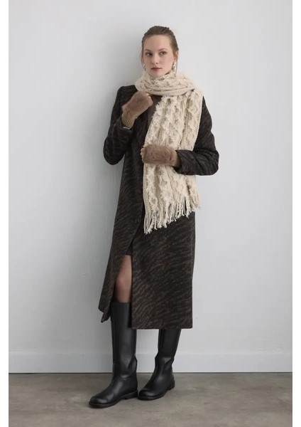 Zebra Desen Yünlü Manto - Kahverengi indirimleri