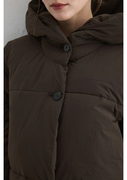 Kapüşonlu Uzun Şişme Mont - Kahverengi fırsatları