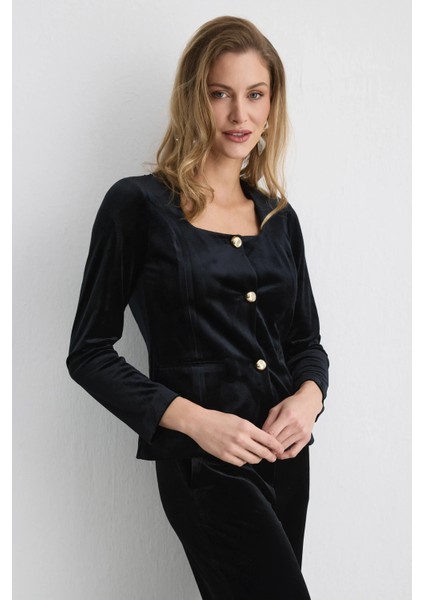 Düğmeli Kadife Ceket - Siyah