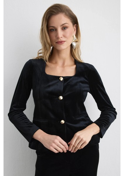 Düğmeli Kadife Ceket - Siyah indirimleri