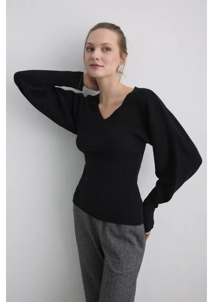 Yarasa Kol Yünlü Triko - Siyah