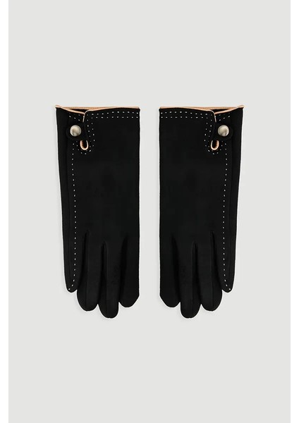 Dikişli Süet Dokulu Eldiven - Siyah