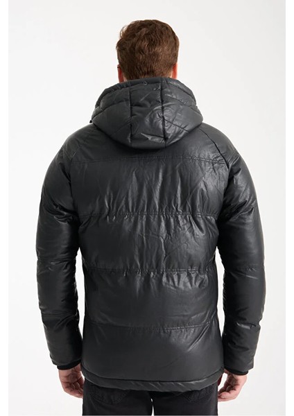 Erkek Siyah Sabit Kapüşonlu Suni Deri Şişme Mont fiyatları
