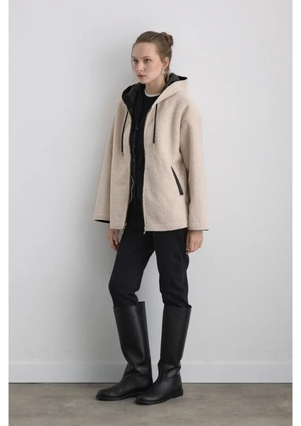 Içi Deri Kapüşonlu Teddy Kaban - Bej fırsatları