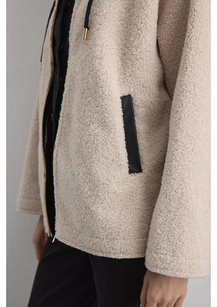 Içi Deri Kapüşonlu Teddy Kaban - Bej indirimleri