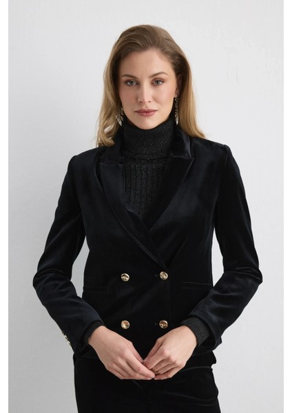 Kruvaze Kadife Ceket - Siyah