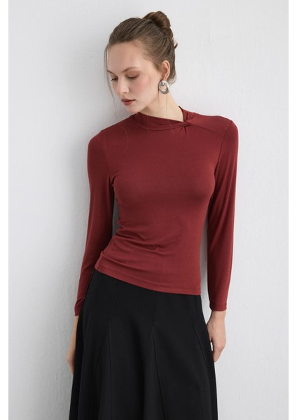 Yakası Düğümlü Viskon Lycra Bluz - Kiremit