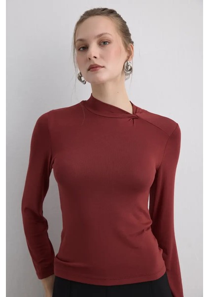 Yakası Düğümlü Viskon Lycra Bluz - Kiremit fırsatları