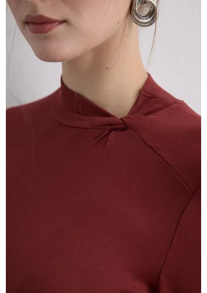 Yakası Düğümlü Viskon Lycra Bluz - Kiremit indirimleri