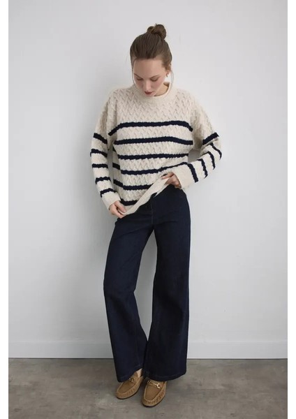 Çizgi Detaylı Örgülü Triko Bluz - Ekru indirimleri