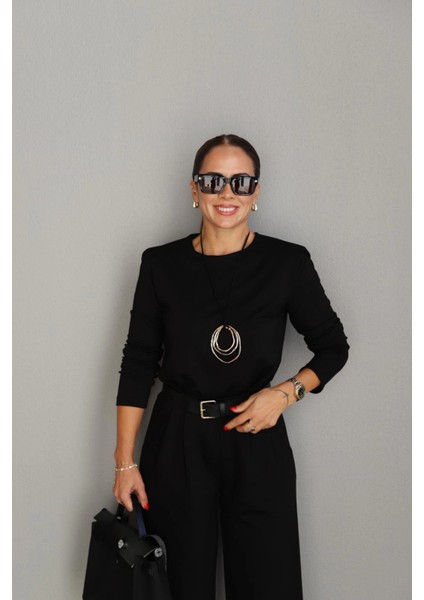 Siyah Vatkalı Bluz Pantolon Takım