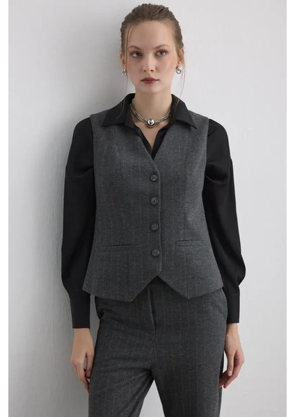 Simli Çizgili Örme Yelek - Gri