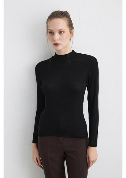 Dik Yakalı Viskon Lycra Bluz - Siyah