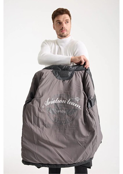 Erkek Siyah Sabit Kapüşonlu Suni Deri Şişme Mont