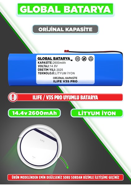 Ilıfe V3S Pro Uyumlu Robot Süpürge Bataryası 14.8V 2600MAH Li-Ion Pil (Orijinal Kapasite)