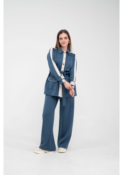 Şerit Detaylı Kuşaklı Geniş Paça Kadın Takım K1725