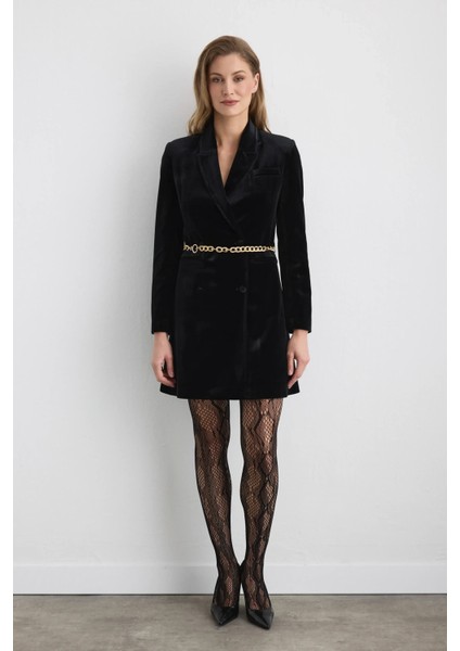 Zincir Kemerli Kadife Ceket Elbise - Siyah